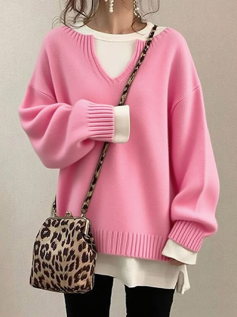 Women's Casual V-Neck Long-Sleeved Solid Color Sweater