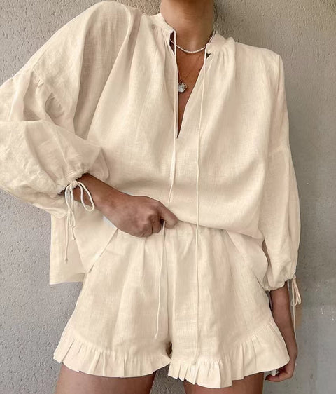 Women's Lantern Sleeve Drawstring Shirt and Shorts Set