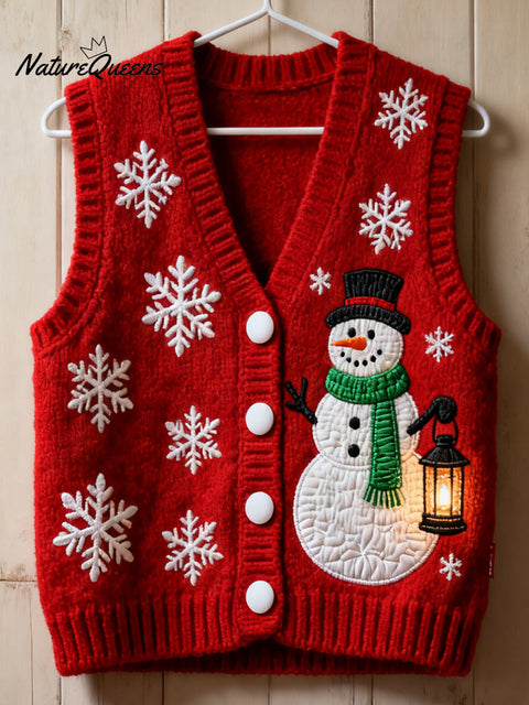 Christmas Snowman Art Print Sleeveless Knit Cardigan Sweater