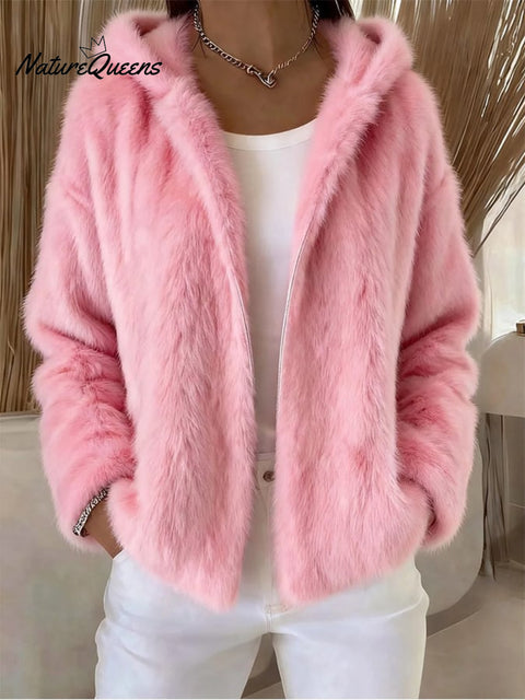 Women'S Autumn And Winter Hooded Solid Color Casual Zipper Jacket
