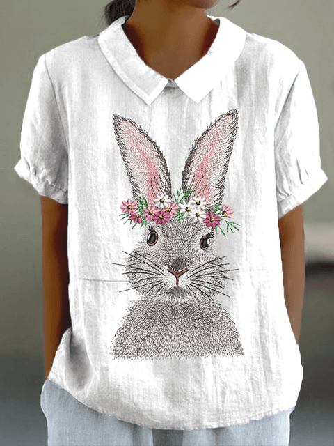 Women's Easter Bunny Printed Doll Collar Casual Shirt