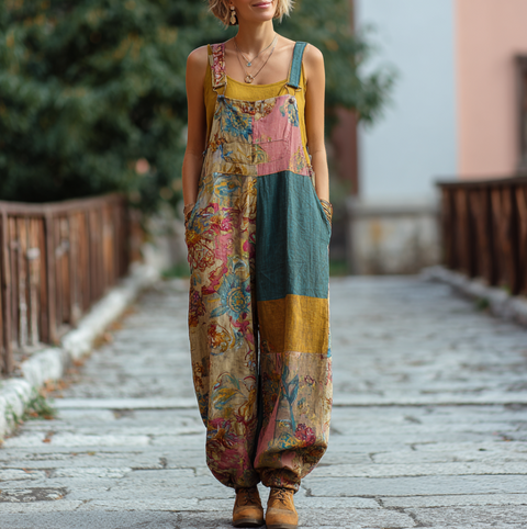 Bohemian Style Plant Flower Pattern Color Block Women's Loose Overalls