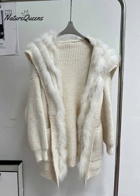 Beige Button Pockets Patchwork Knit Fall Coat Fox Collar