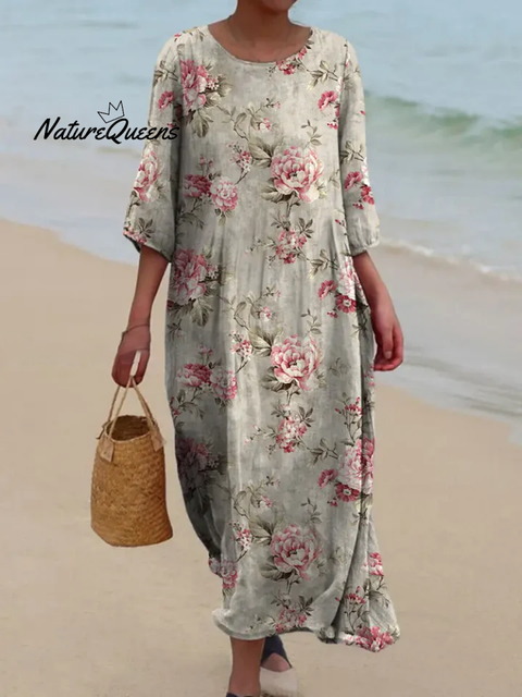 Women's Seaside Style  Rose Flowers Pocket Cotton Dress