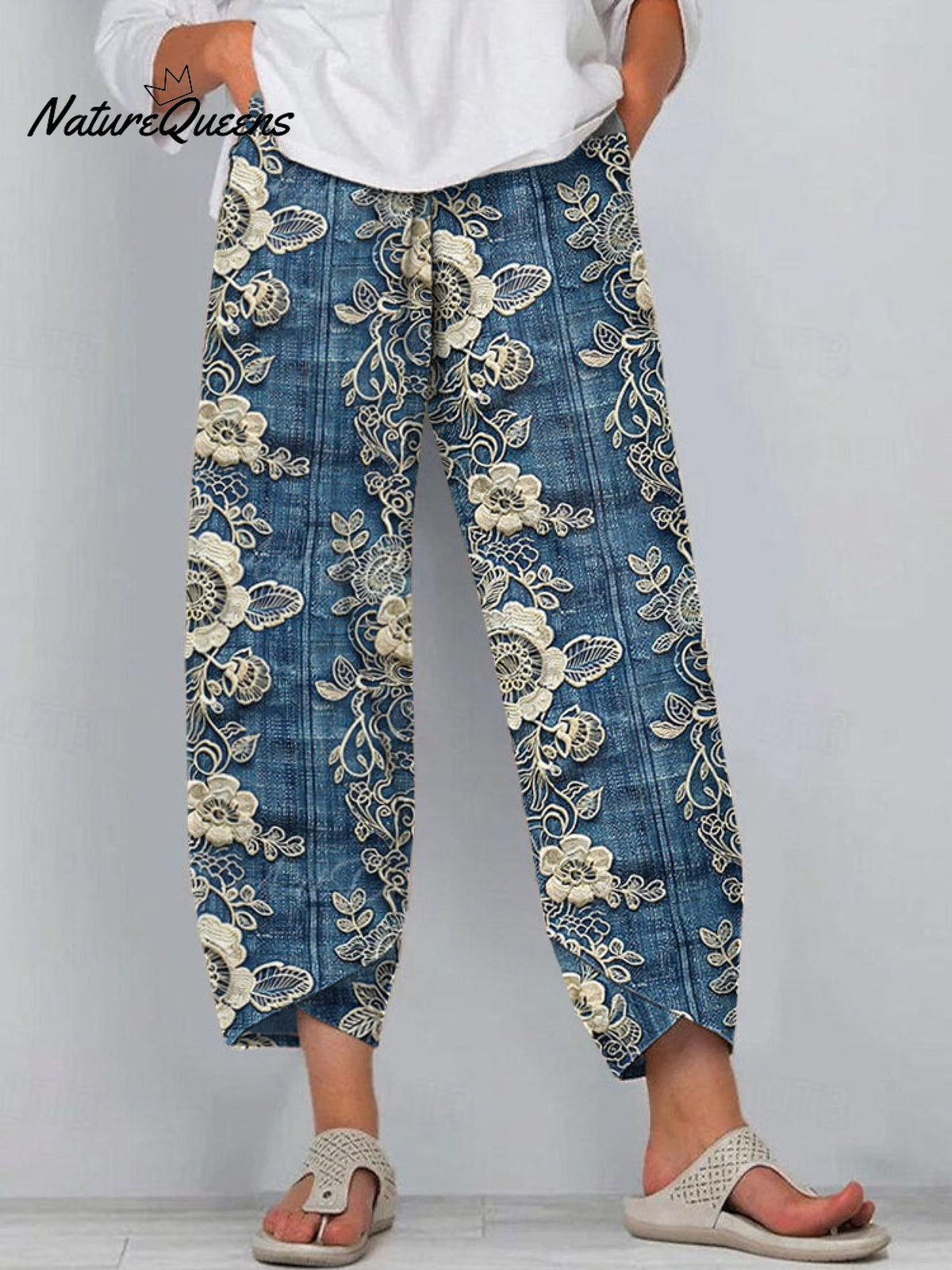Women's Boho Lace Floral Embroidered Linen Blend Pants