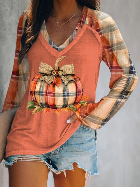 Women's Pumpkin Season Print Casual V-Neck Long-Sleeved T-Shirt