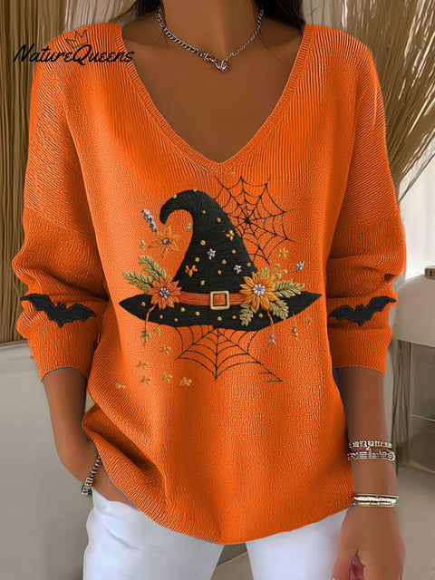 Women's Halloween Witch Hat Printed Casual Striped Fabric Long Sleeve T-shirt