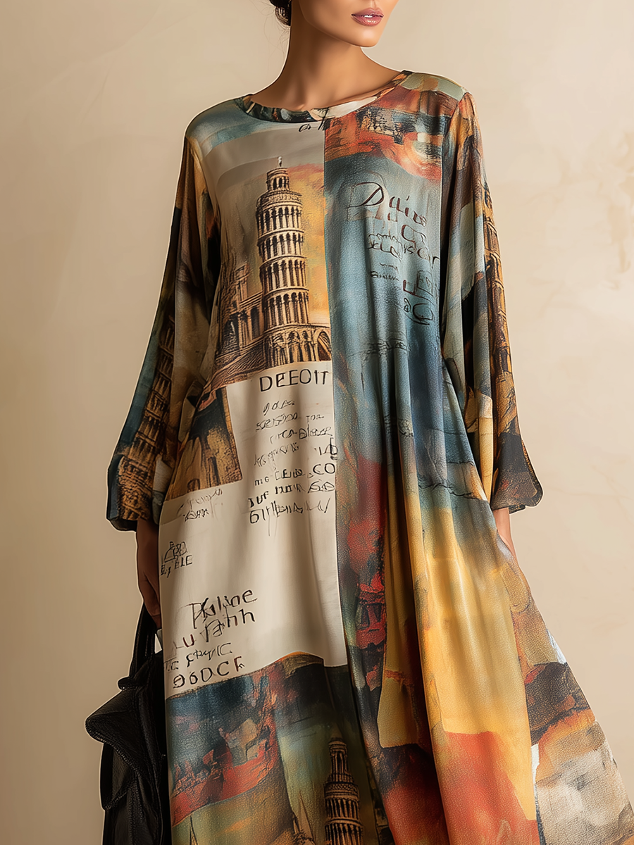 Loose And Stylish Western-style Printed Satin Maxi Dress