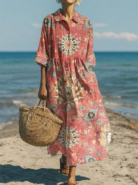 Women's Casual Cotton-Linen Peter Pan Collar 3/4 Sleeve Dress