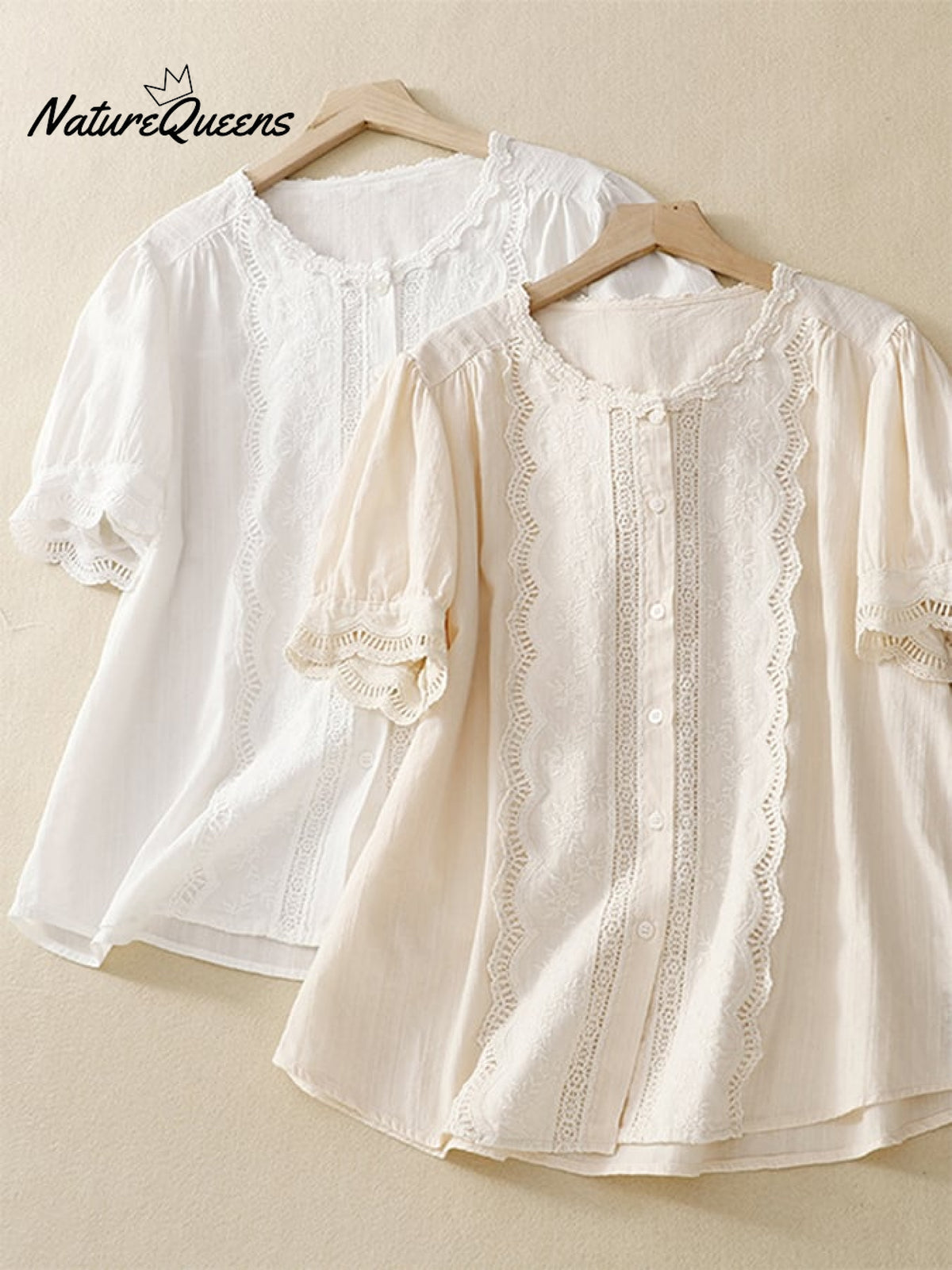 Solid Color Hollow Embroidery Lace Stitching Short - Sleeved Shirt