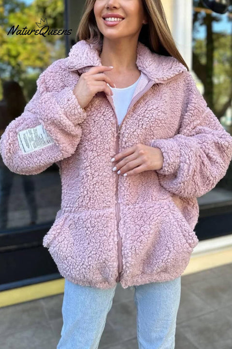 Solid Color Casual Long Sleeve Zipper Pocket Loose Jacket