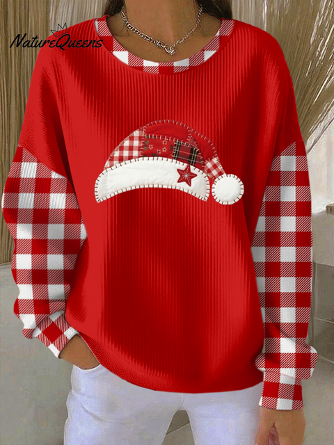 Women's Christmas Hat Print Knitted Crew Neck Long Sleeve Top