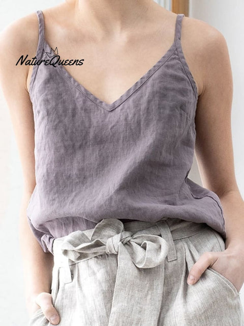 Ladies Cotton Linen V-Neck Casual Camisole Light Purple / S