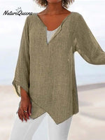 Jfn Cotton & Linen Asymmetric Hem Loose Fit Long Sleeve Shirts Tunic Top Khaki / S(4)