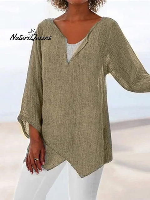 Jfn Cotton & Linen Asymmetric Hem Loose Fit Long Sleeve Shirts Tunic Top Khaki / S(4)