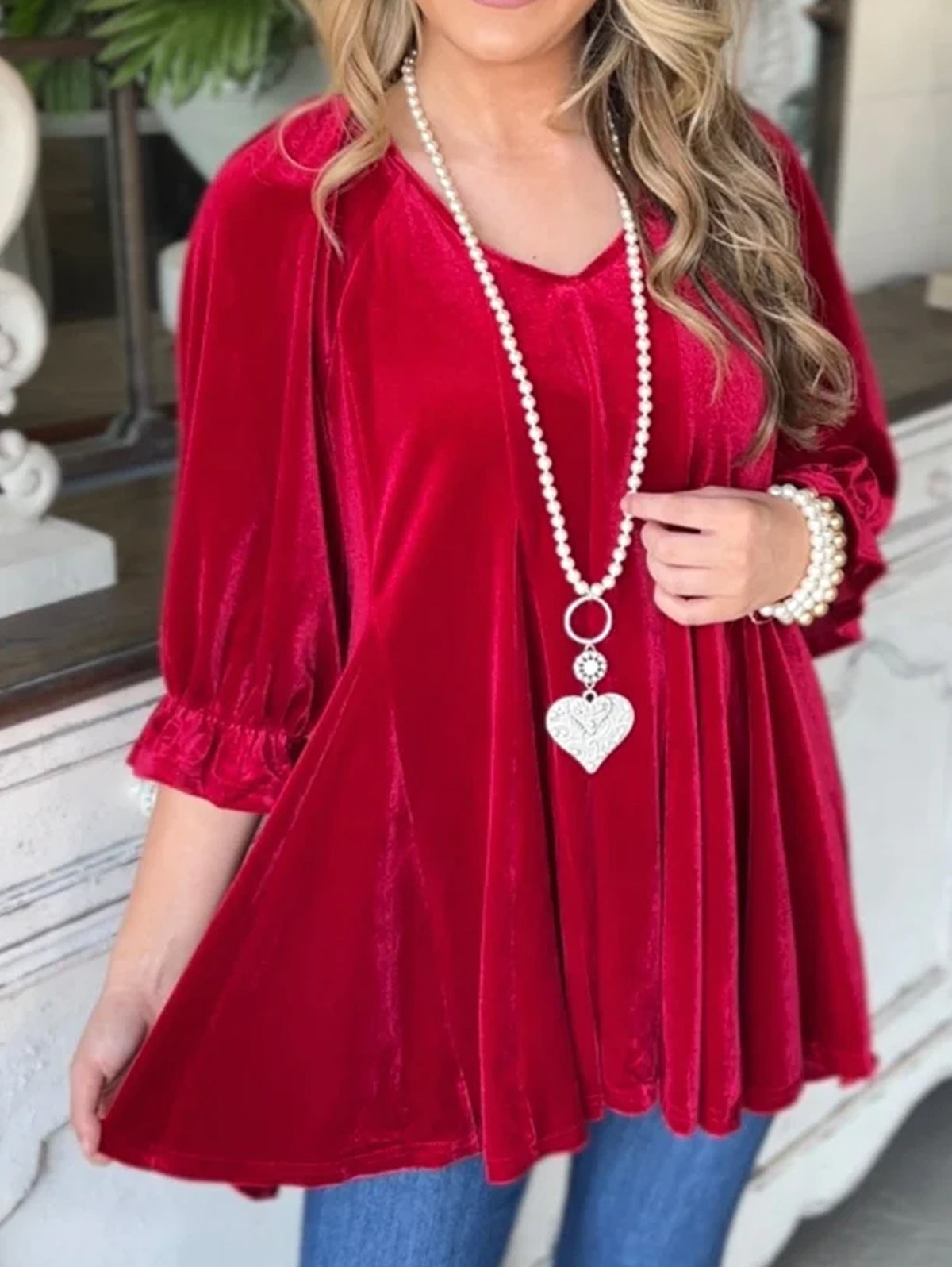 Daily V Neck Puffy Sleeve Flowy Christmas Solid Velvet Top