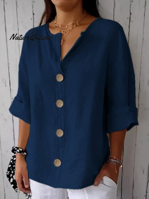 Solid Color Linen Blend Button Casual Shirt