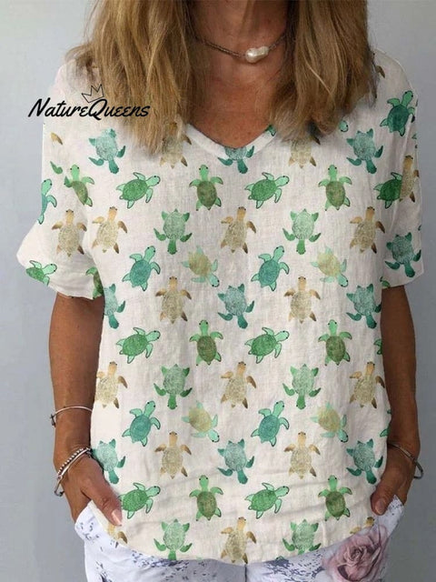 Women's Watercolor Sea Turtle Pattern Print Cotton And Linen Top