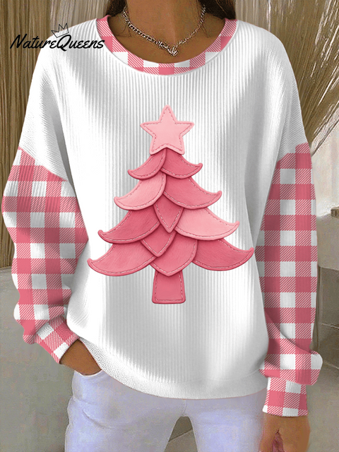 Women's Christmas Tree Print Knitted Crew Neck Long Sleeve Top