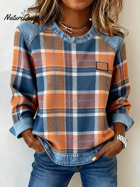 Women'S Casual Round Neck Denim Patchwork Plaid Print Pullover Sweatshirt