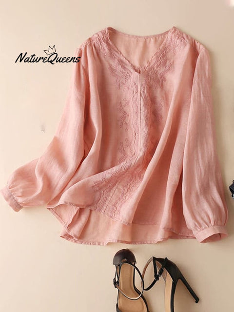 Cotton And Linen  Loose V-neck Embroidered Long Sleeve Shirt