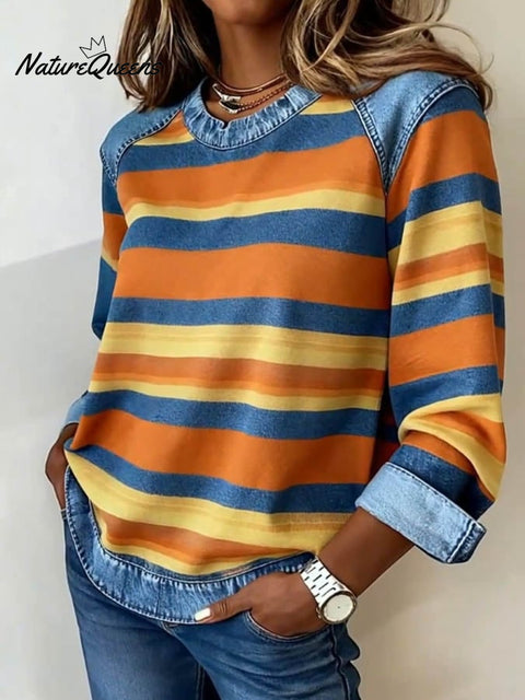 Women'S Casual Round Neck Denim Patchwork Striped Print Pullover Sweatshirt