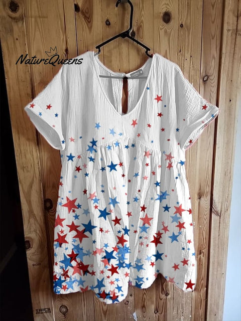 Women's Independence Day cotton and linen V-neck print T-shirt