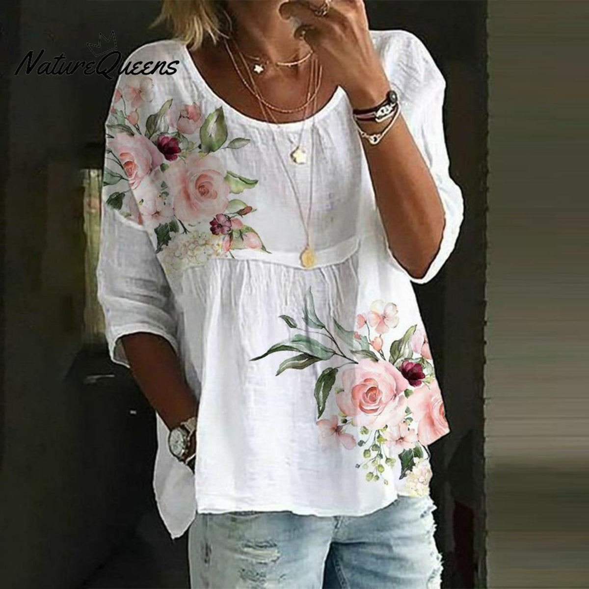 Pink Green Flower Print White Tunic Top / S