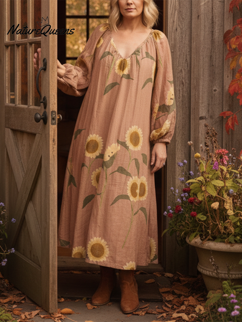 Sunflower Print Soft V-neck Cotton Midi Dress