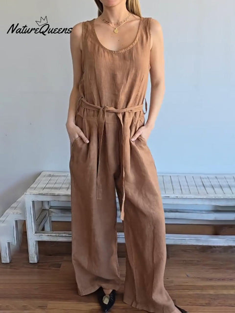 Casual Back Button Tie Linen Solid Color Jumpsuit