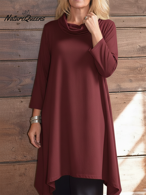 Women's Retro Elegant Cowl Neck Solid Color Irregular Hem Knitted Top