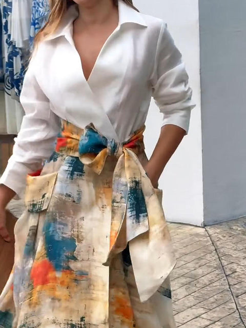 Women's Watercolor Brushstroke Print Bowknot Linen Skirt