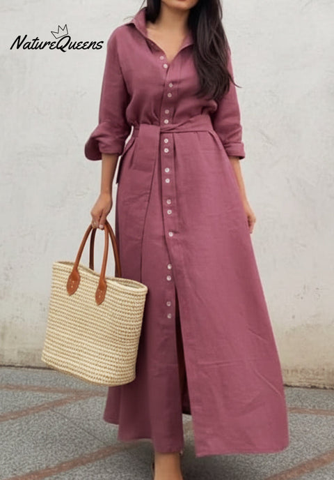 Classic Stand-up Collar Button-down Linen Maxi Dress