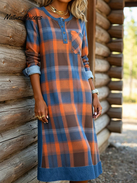 Denim Patchwork Plaid Print Henley Collar Midi Dress