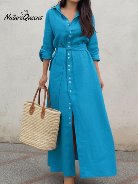 Classic Stand-up Collar Button-down Linen Maxi Dress