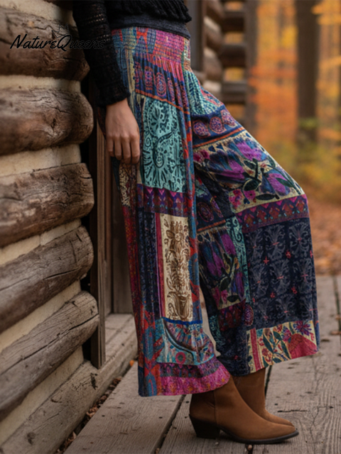 Cozy Boho Floral Print Tummy Control Knit Wide-Leg Pants