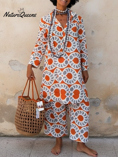 Women's Art Circle Print Shirt and Pants Cotton Two-Piece Set