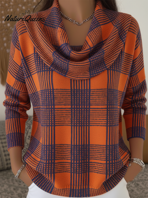 Maple Leaf Orange Check Cowl Neck Sweater Top