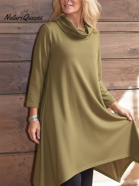 Women's Retro Elegant Cowl Neck Solid Color Irregular Hem Knitted Top