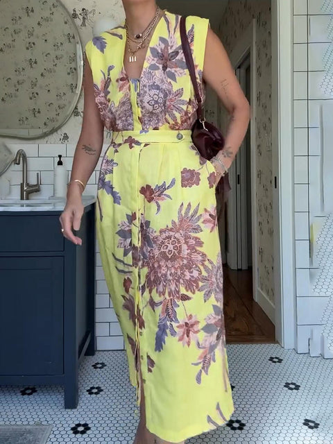 Floral Print Pleated Cotton and Linen Midi Dress