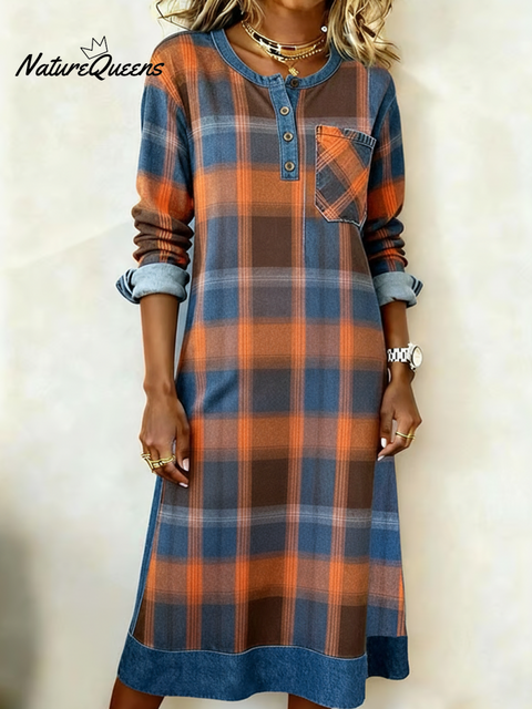 Denim Patchwork Plaid Print Henley Collar Midi Dress