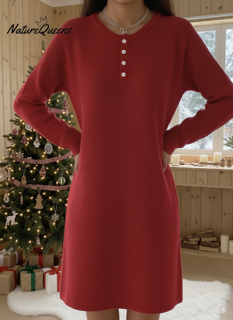 Women's Henley Collar Soft Wool Solid Color Knitted Dress