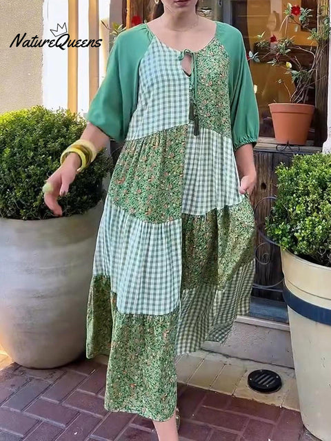 Women's Floral Print Plaid Patchwork Cotton Dress