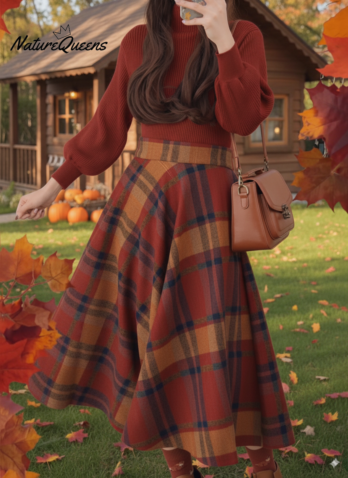 Caramel Pumpkin Lantern Sleeve Sweater Top Plaid Skirt Two-Piece Set