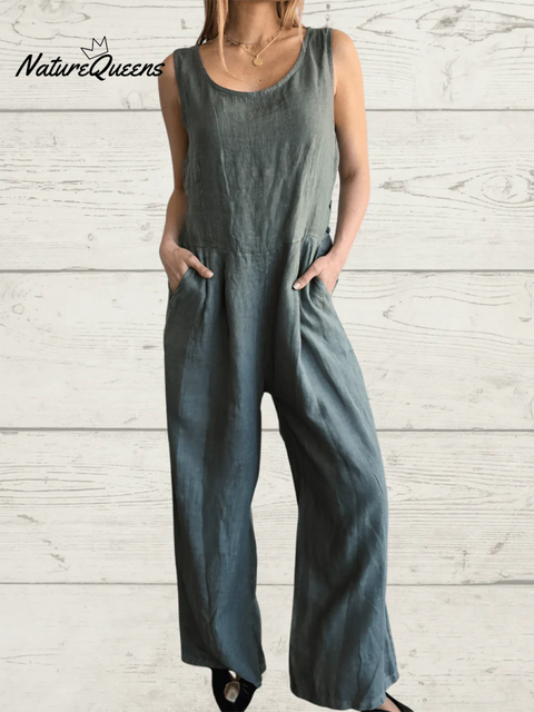 Casual Back Button Tie Linen Solid Color Jumpsuit