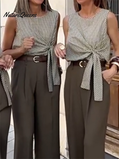 Women's Plaid Print Tie Top Straight Pants Two-Piece Set