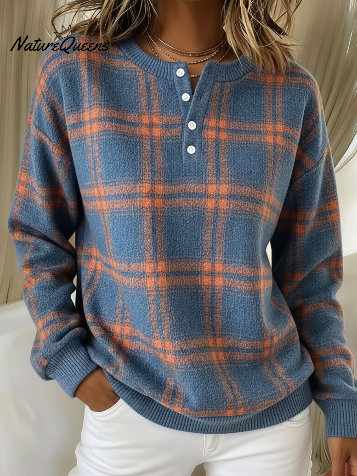 Casual Contrast Plaid Henley Neck Sweatshirt Top