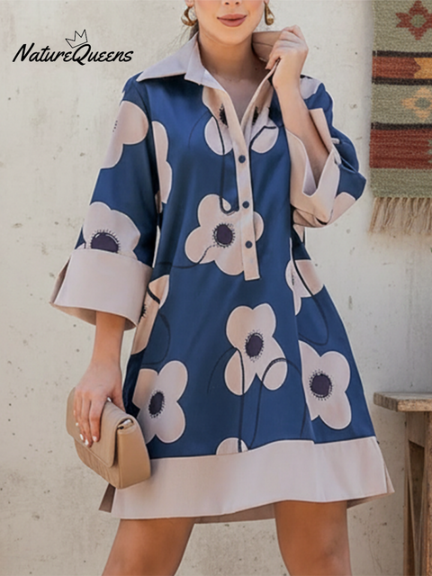 Artistic Lapel Large Flower Print Cotton and Linen Dress