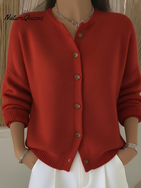 Cozy Crew Neck Solid Color Button Knit Cardigan Sweater