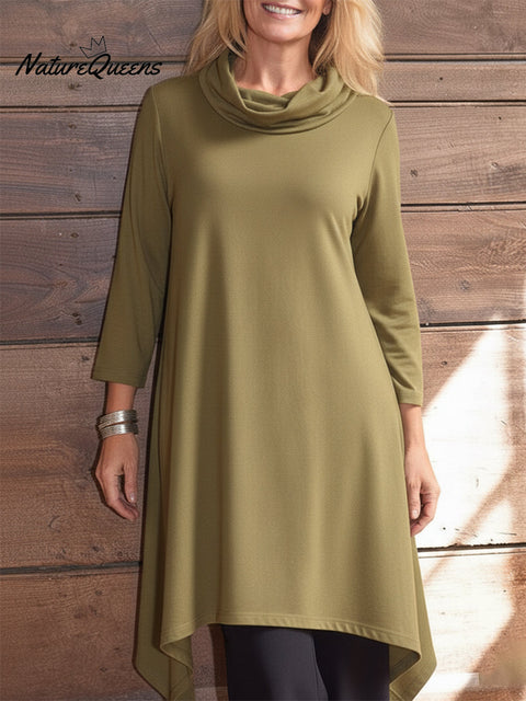 Women's Retro Elegant Cowl Neck Solid Color Irregular Hem Knitted Top